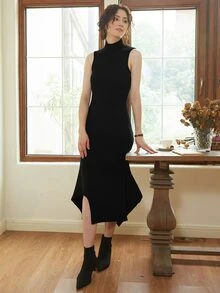 Knit Mix High Neck Asymmetrical Hem Jumper Dress - Black - View 5