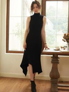 Knit Mix High Neck Asymmetrical Hem Jumper Dress - Black - View 6