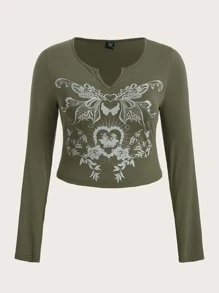 ROMWE PUNK Plus Butterfly & Floral Print Notched Neck Tee