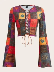 ROMWE PUNK 頹廢搖滾色塊拼接圖案前繫帶短款T恤 - 彩色 - 查看 1