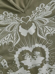 ROMWE PUNK Plus Butterfly & Floral Print Notched Neck Tee