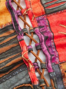 ROMWE PUNK 頹廢搖滾色塊拼接圖案前繫帶短款T恤 - 彩色 - 查看 3