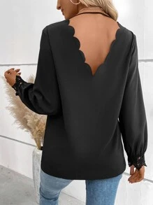 SHEIN Clasi Scallop Trim Guipure Lace Insert Blouse - Black - View 2