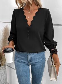 SHEIN Clasi Scallop Trim Guipure Lace Insert Blouse - Black - View 3