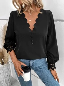 SHEIN Clasi Scallop Trim Guipure Lace Insert Blouse - Black - View 5
