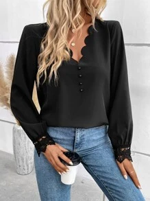 SHEIN Clasi Scallop Trim Guipure Lace Insert Blouse - Black - View 6