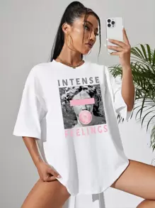 SHEIN EZwear Sculpture & Letter Graphic Drop Shoulder Tee - White - View 4