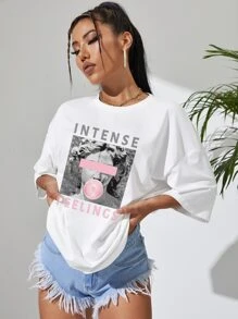 SHEIN EZwear Sculpture & Letter Graphic Drop Shoulder Tee - White - View 5