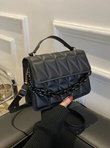 Mini Chain Decor Quilted Flap Square Bag , Small Bags - Black - View 1