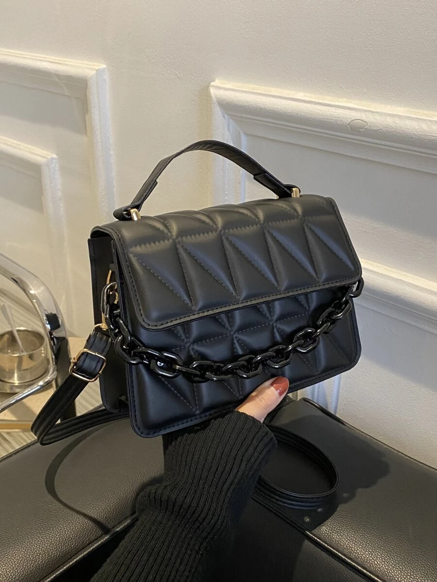 Mini Chain Decor Quilted Flap Square Bag , Small Bags - Black - View 1