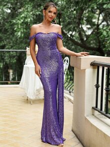 LOVE&LEMONADE 一字肩側垂亮片正式連衣裙 - 紫羅蘭色 - 查看 1