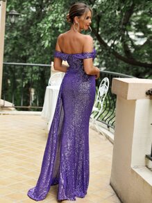 LOVE&LEMONADE 一字肩側垂亮片正式連衣裙 - 紫羅蘭色 - 查看 2