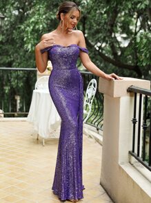 LOVE&LEMONADE 一字肩側垂亮片正式連衣裙 - 紫羅蘭色 - 查看 4