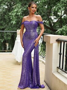 LOVE&LEMONADE 一字肩側垂亮片正式連衣裙 - 紫羅蘭色 - 查看 5