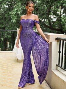 LOVE&LEMONADE 一字肩側垂亮片正式連衣裙 - 紫羅蘭色 - 查看 6