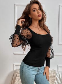 SHEIN LUNE Contrast Dobby Mesh Lantern Sleeve Top - Black - View 3