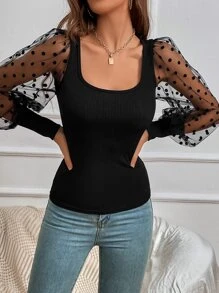 SHEIN LUNE Contrast Dobby Mesh Lantern Sleeve Top - Black - View 4