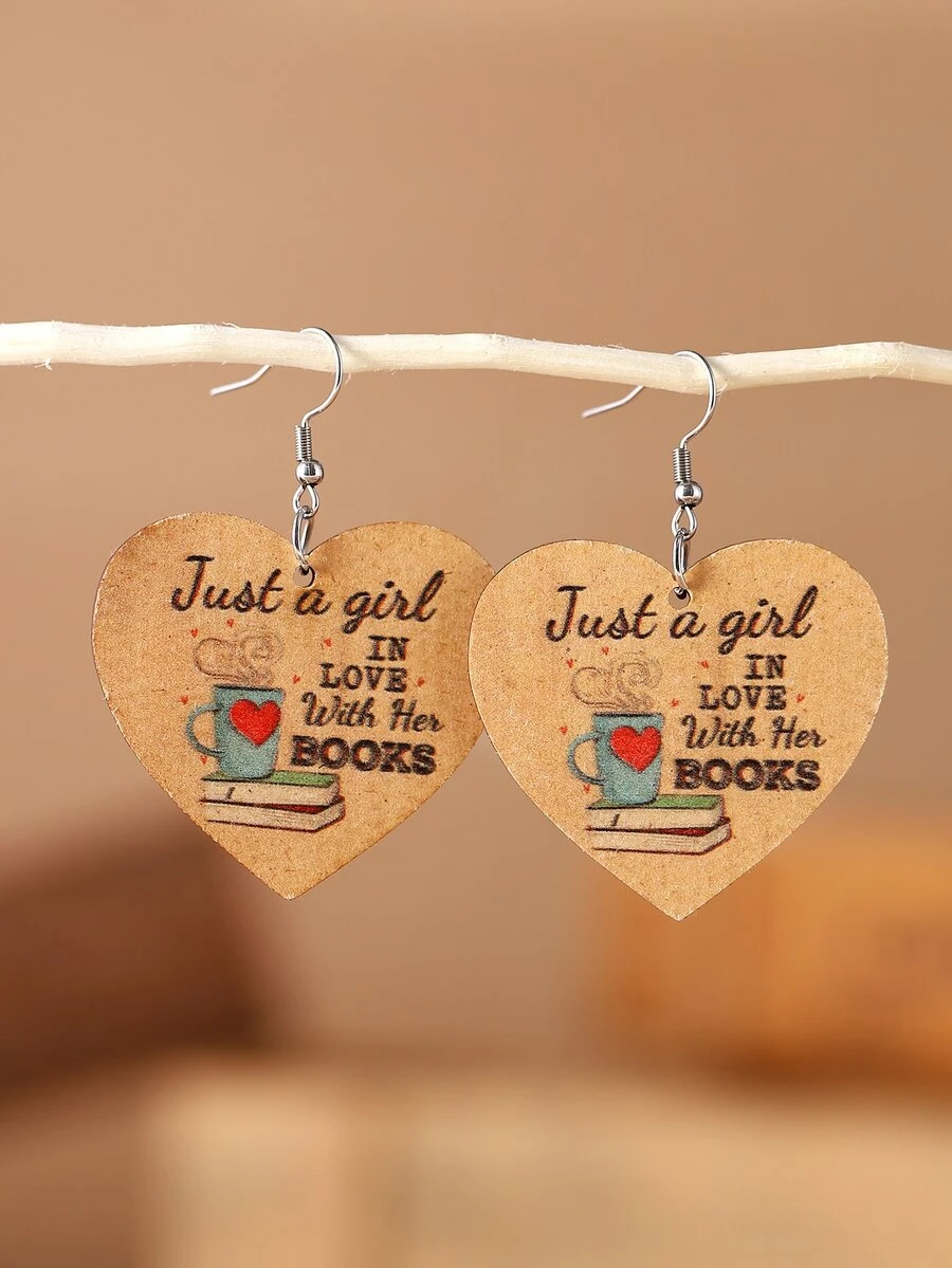 Slogan Graphic Heart Drop Earrings - Yellow - View 1