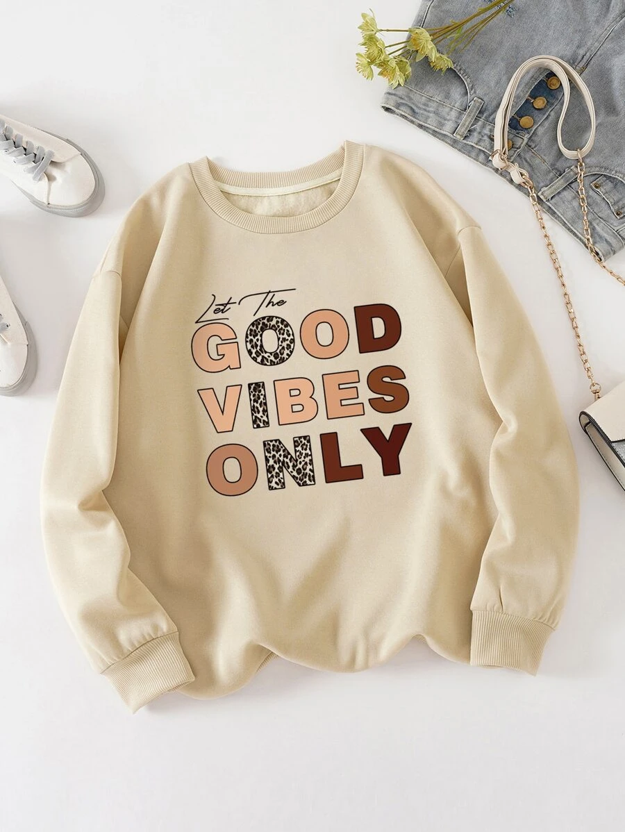 SHEIN EZwear Plus Slogan Graphic Thermal Lined Sweatshirt - Khaki - View 1