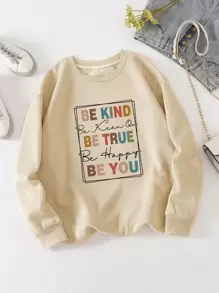 SHEIN EZwear Sudadera con estampado de slogan con forro térmico - Caqui - Ver 1