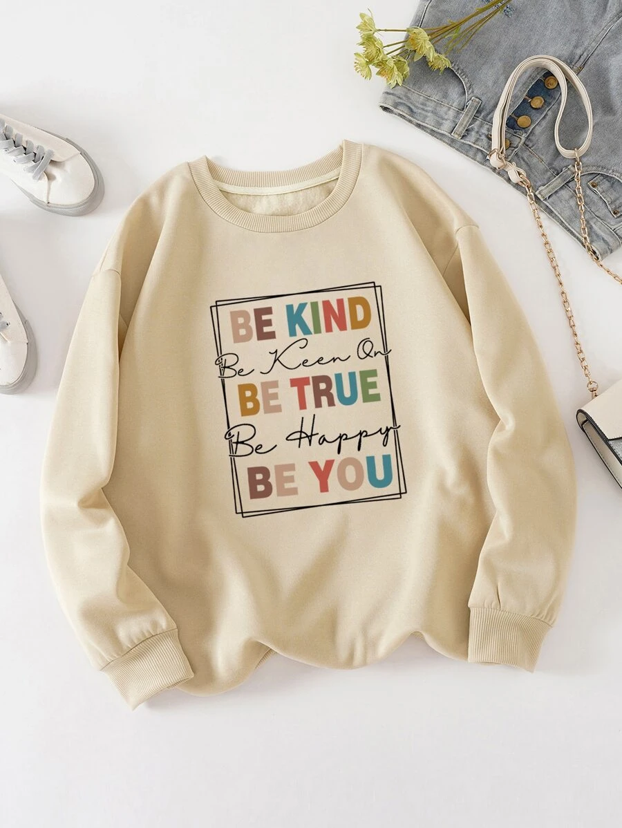 SHEIN EZwear Sudadera con estampado de slogan con forro térmico - Caqui - Ver 1