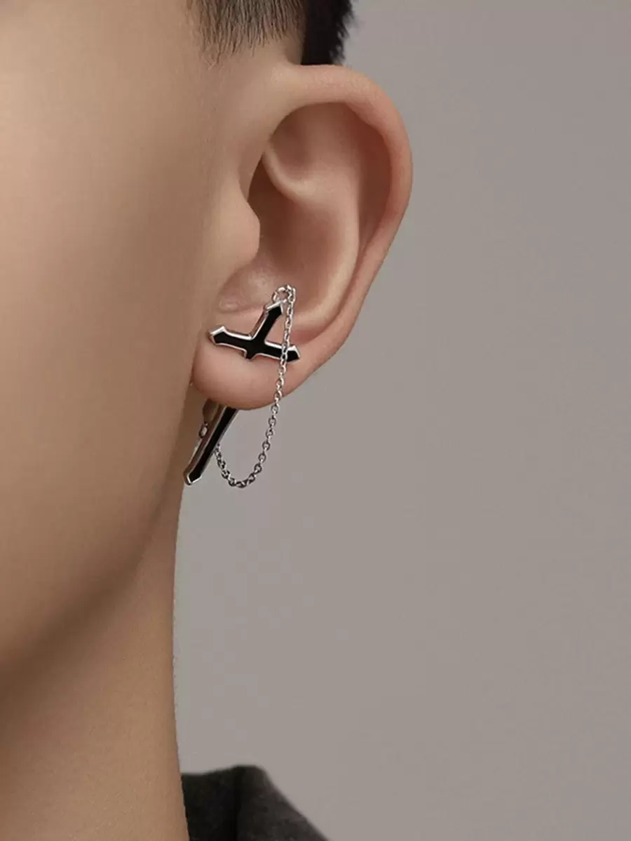 Hombres Arete decoración cruzada - Negro - Ver 1