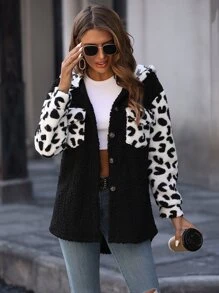 SHEIN LUNE Leopard Pattern Double Pocket Drop Shoulder Hooded Teddy Coat - Black and White - View 1