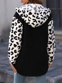 SHEIN LUNE Leopard Pattern Double Pocket Drop Shoulder Hooded Teddy Coat - Black and White - View 2