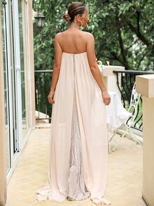 Split Thigh Sequin Tube Formal Dress - Apricot - View 2