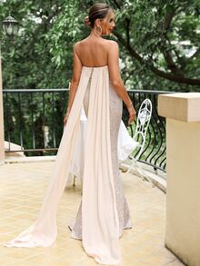 Split Thigh Sequin Tube Formal Dress - Apricot - View 3