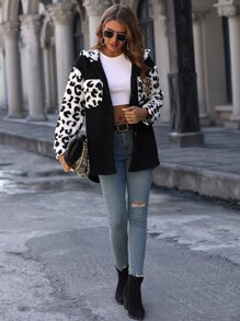SHEIN LUNE Leopard Pattern Double Pocket Drop Shoulder Hooded Teddy Coat - Black and White - View 4