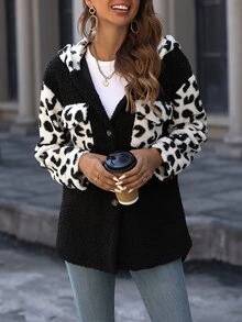 SHEIN LUNE Leopard Pattern Double Pocket Drop Shoulder Hooded Teddy Coat - Black and White - View 5