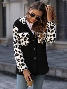 SHEIN LUNE Leopard Pattern Double Pocket Drop Shoulder Hooded Teddy Coat - Black and White - View 6