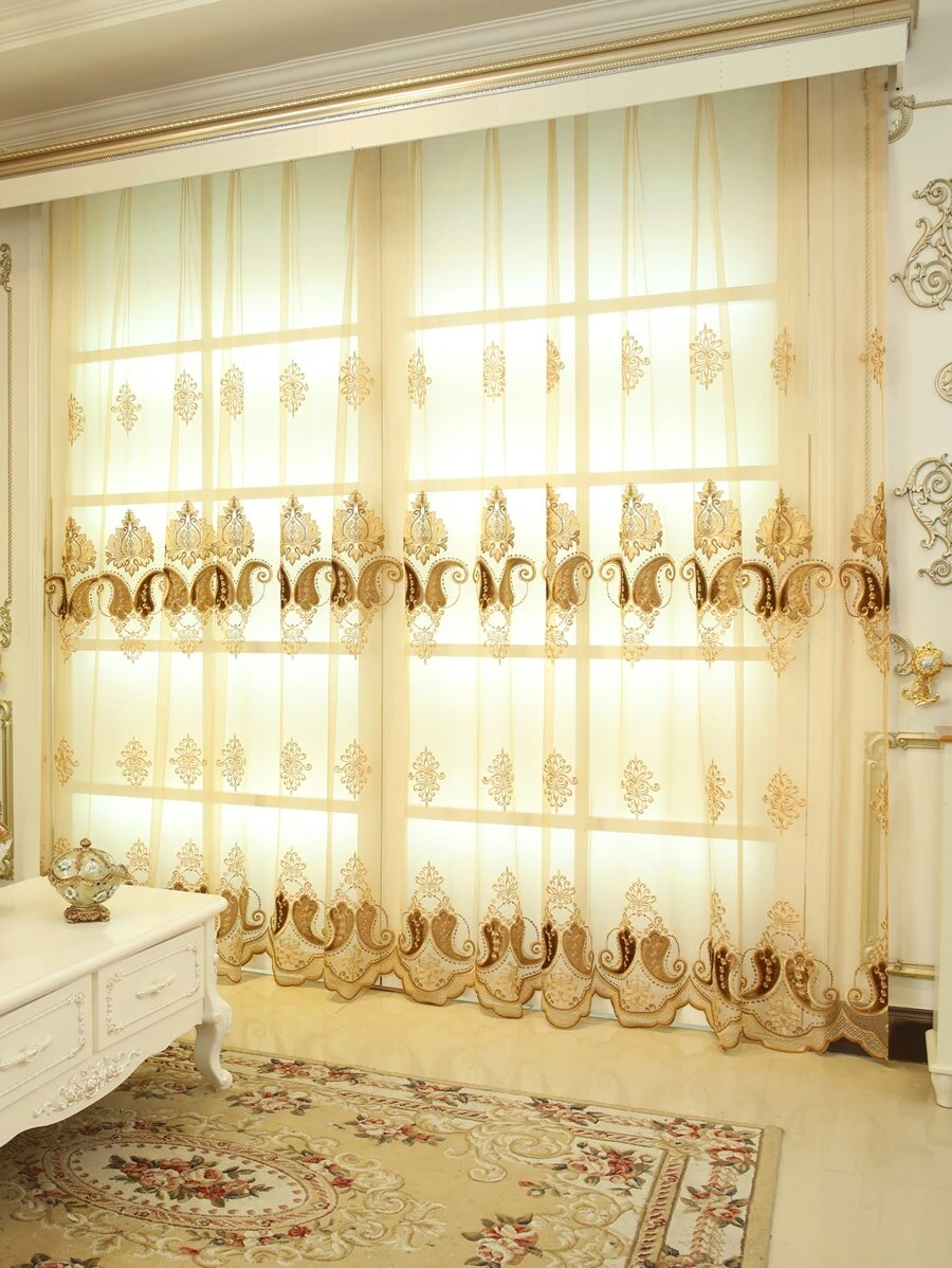 花磚圖案刺繡單片透視窗簾 - 黃色 - 查看 1