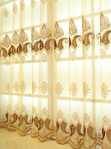 花磚圖案刺繡單片透視窗簾 - 黃色 - 查看 2