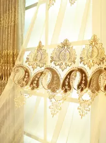 花磚圖案刺繡單片透視窗簾 - 黃色 - 查看 6