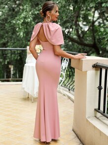 LOVE&LEMONADE 素色斗篷袖魚尾裙下擺伴娘洋裝 - 藕粉色 - 查看 2