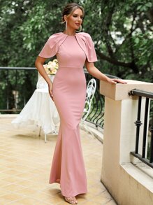 LOVE&LEMONADE 素色斗篷袖魚尾裙下擺伴娘洋裝 - 藕粉色 - 查看 6