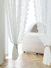 1入組蕾絲花繡珠紗簾,簡單甜美的風格製成,適用於客廳、臥室、窗戶、門的裝飾,採用聚酯纖維製成 - 白色 - 查看 1