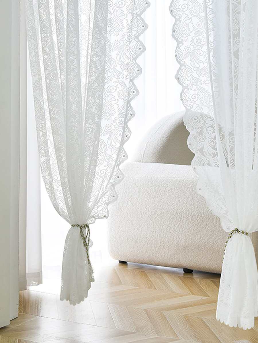 1入組蕾絲花繡珠紗簾,簡單甜美的風格製成,適用於客廳、臥室、窗戶、門的裝飾,採用聚酯纖維製成 - 白色 - 查看 1