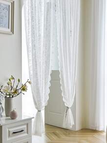 1入組蕾絲花繡珠紗簾,簡單甜美的風格製成,適用於客廳、臥室、窗戶、門的裝飾,採用聚酯纖維製成 - 白色 - 查看 5