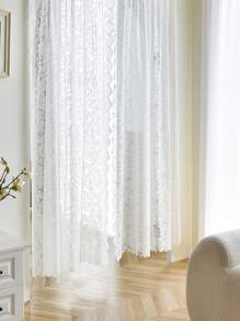 1入組蕾絲花繡珠紗簾,簡單甜美的風格製成,適用於客廳、臥室、窗戶、門的裝飾,採用聚酯纖維製成 - 白色 - 查看 6