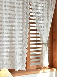 1入組蕾絲花繡珠紗簾,簡單甜美的風格製成,適用於客廳、臥室、窗戶、門的裝飾,採用聚酯纖維製成 - 白色 - 查看 7