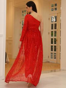 Missord Vestido de vestir de un hombro de muslo con abertura con lentejuela en contraste - Rojo - Ver 2