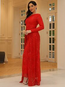 Missord Vestido de vestir de un hombro de muslo con abertura con lentejuela en contraste - Rojo - Ver 6