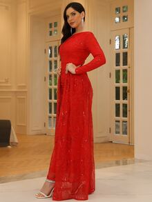 Missord Vestido de vestir de un hombro de muslo con abertura con lentejuela en contraste - Rojo - Ver 7