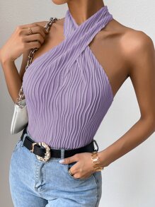 SHEIN Privé 前交叉掛脖上衣 - 淡紫色 - 查看 3