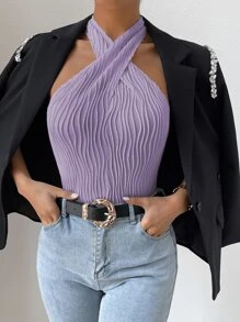 SHEIN Privé 前交叉掛脖上衣 - 淡紫色 - 查看 4