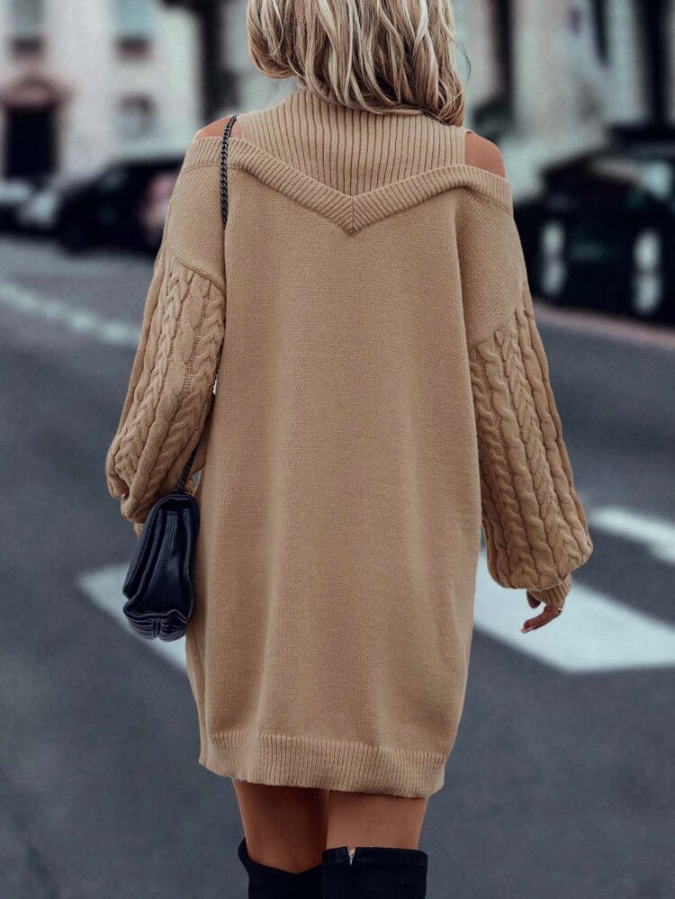 Cold Shoulder Cable Knit Sweater Dress Without Belt Fall Winter Cloth For Women