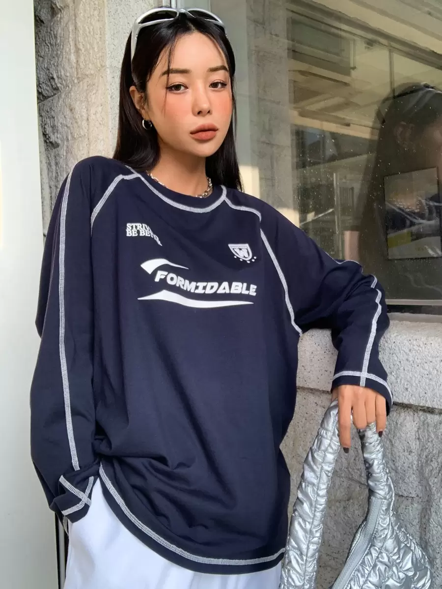 DAZY Letter Graphic Top-Stitching Raglan Sleeve Tee Jersey,Fall Clothes Long Sleeve Women Tops - Navy Blue - View 1